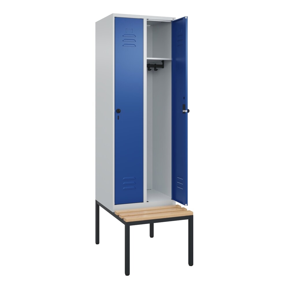Produktabbildung: C+P Spind Classic PLUS, 2 Abteile, HxBxT 2.120 x 600 x 815 mm, für Vorhängeschloss, untergebaute Bank aus Buche, lichtgrau, enzianblau