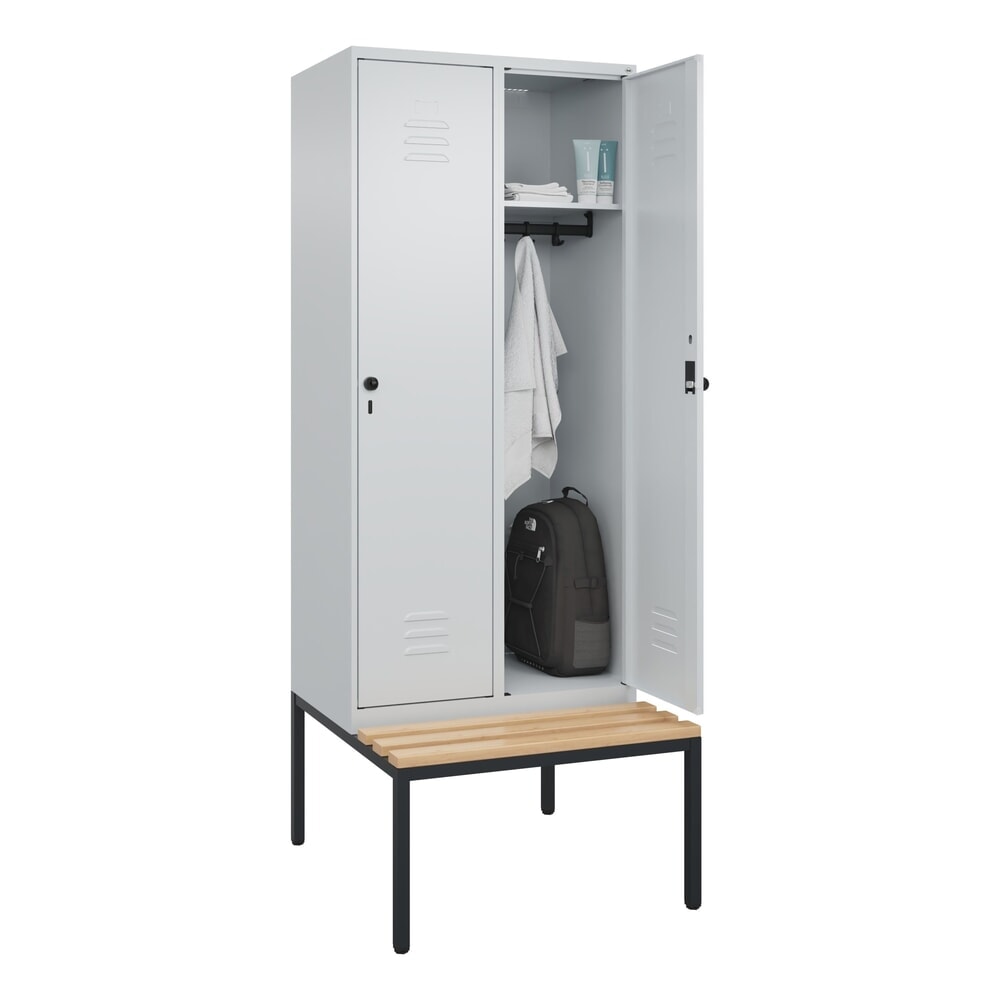 Produktabbildung Nr. 10: C+P Spind Classic PLUS, 2 Abteile, HxBxT 2.120 x 800 x 815 mm, für Vorhängeschloss, untergebaute Bank aus Buche, lichtgrau, lichtgrau
