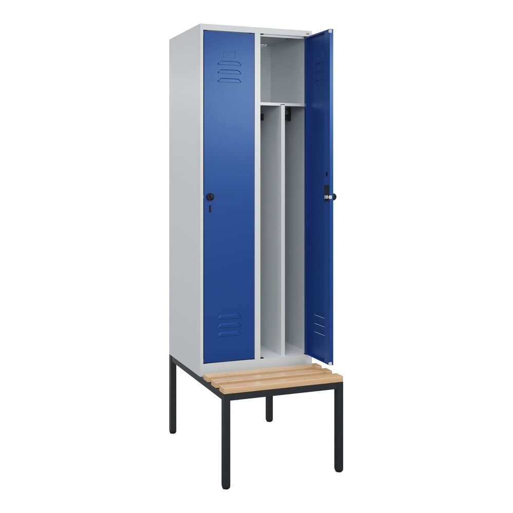 Produktabbildung: C+P Spind Classic PLUS, 2 Abteile, Trennwand, HxBxT 2.120 x 600 x 815 mm, für Vorhängeschloss, Trennwand, untergebaute Bank aus Buche, lichtgrau, enzianblau