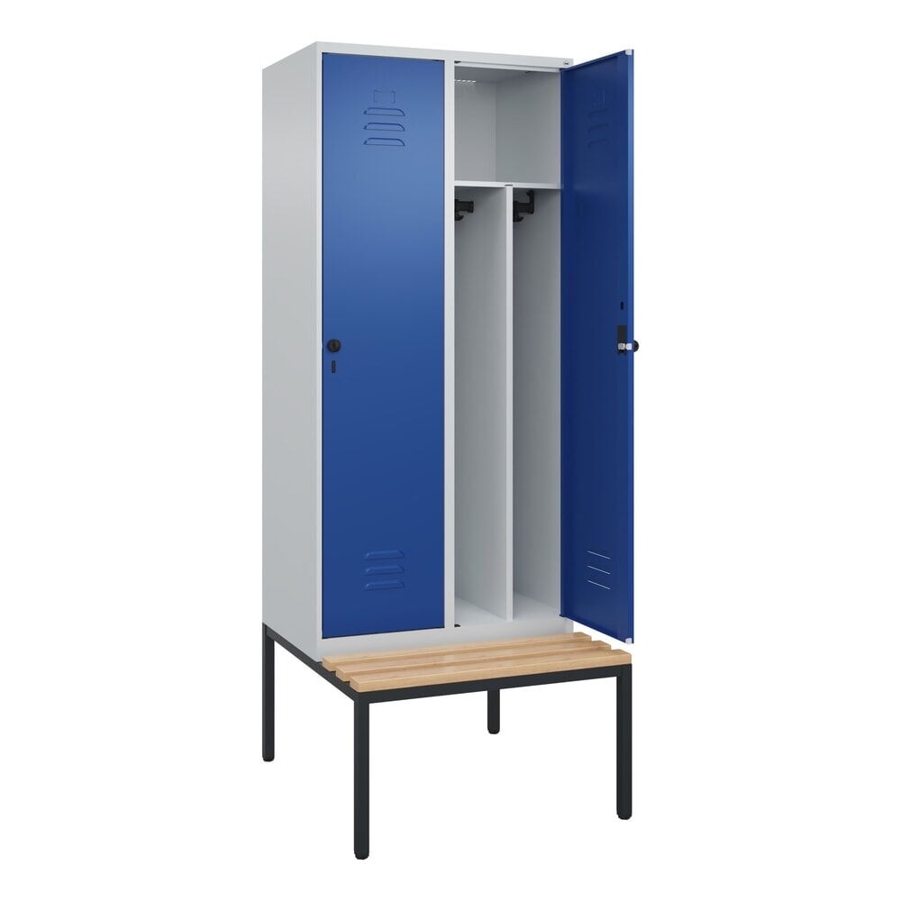 Produktabbildung: C+P Spind Classic PLUS, 2 Abteile, Trennwand, HxBxT 2.120 x 800 x 815 mm, für Vorhängeschloss, Trennwand, untergebaute Bank aus Buche, lichtgrau, enzianblau