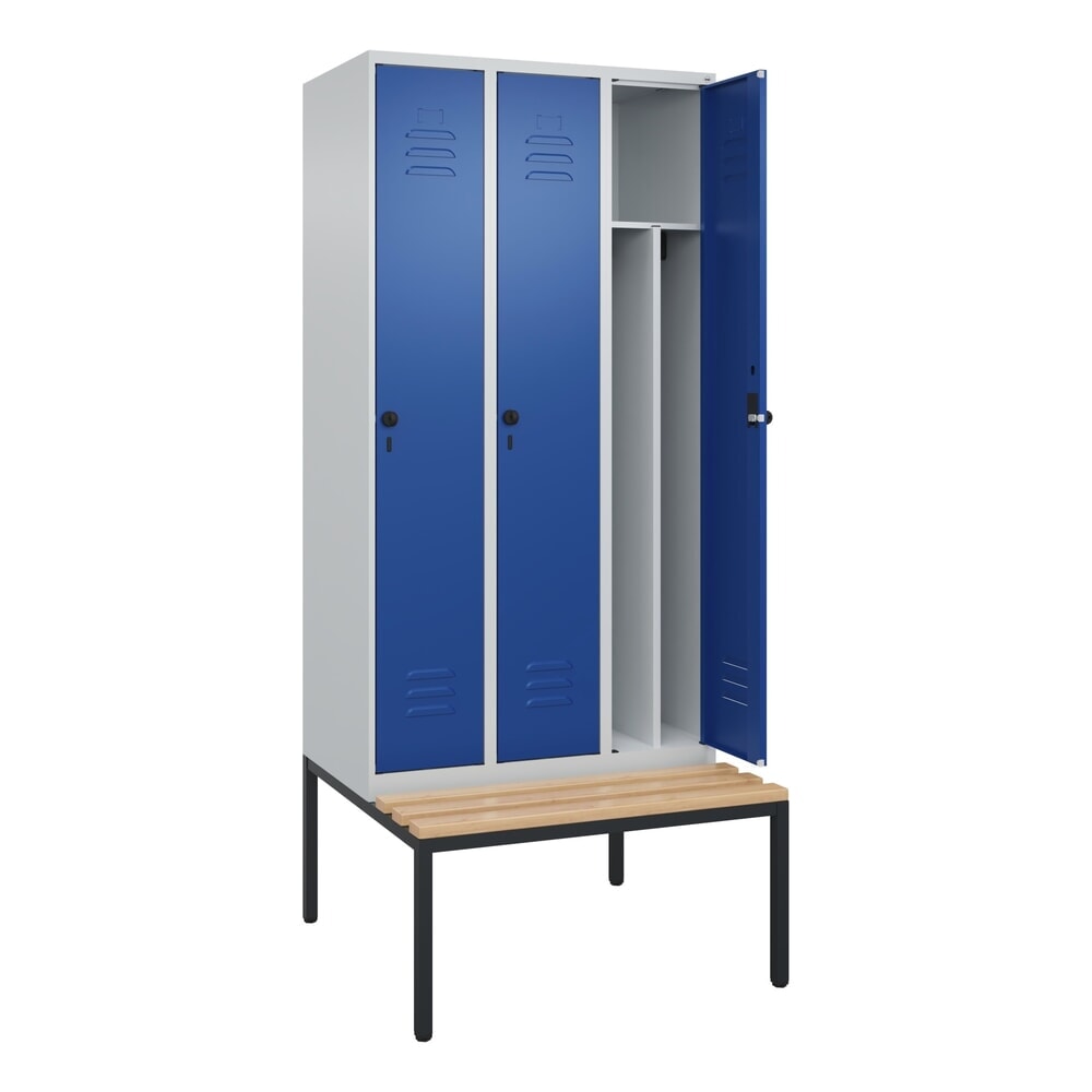 Produktabbildung: C+P Spind Classic PLUS, 3 Abteile, Trennwand, HxBxT 2.120 x 900 x 815 mm, für Vorhängeschloss, Trennwand, untergebaute Bank aus Buche, lichtgrau, enzianblau