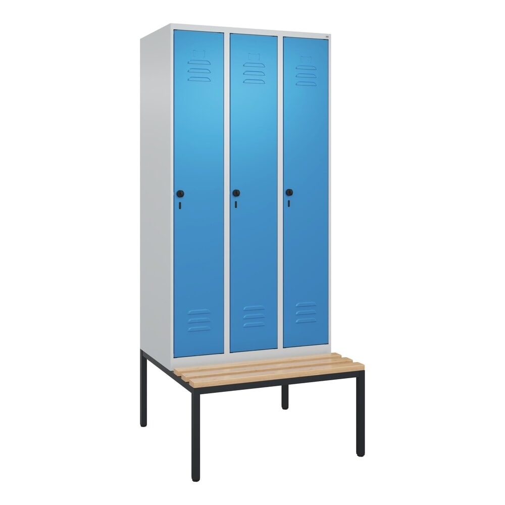 Produktabbildung Nr. 9: C+P Spind Classic PLUS, 3 Abteile, Trennwand, HxBxT 2.120 x 900 x 815 mm, für Vorhängeschloss, Trennwand, untergebaute Bank aus Buche, lichtgrau, lichtblau