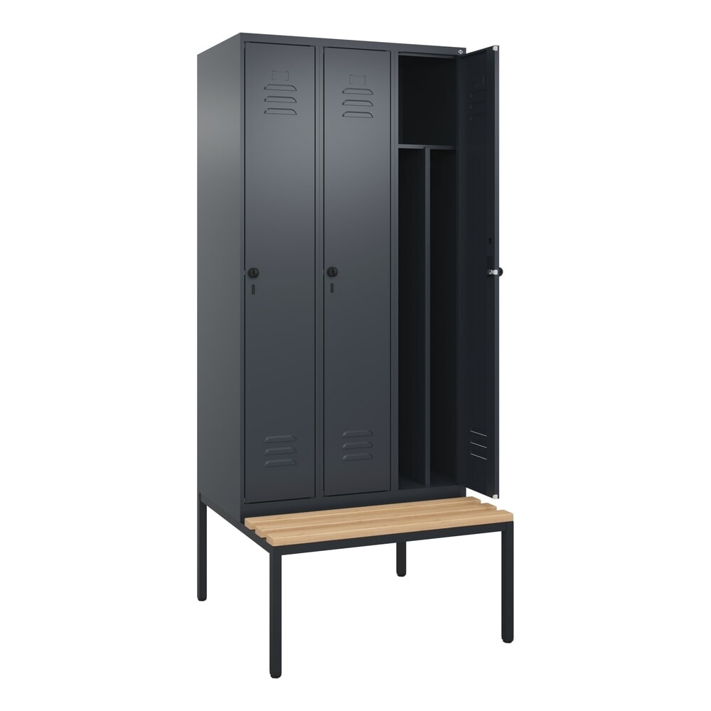 Produktabbildung: C+P Spind Classic PLUS, 3 Abteile, Trennwand, HxBxT 2.120 x 900 x 815 mm, für Vorhängeschloss, Trennwand, untergebaute Bank aus Buche, anthrazitgrau, anthrazitgrau