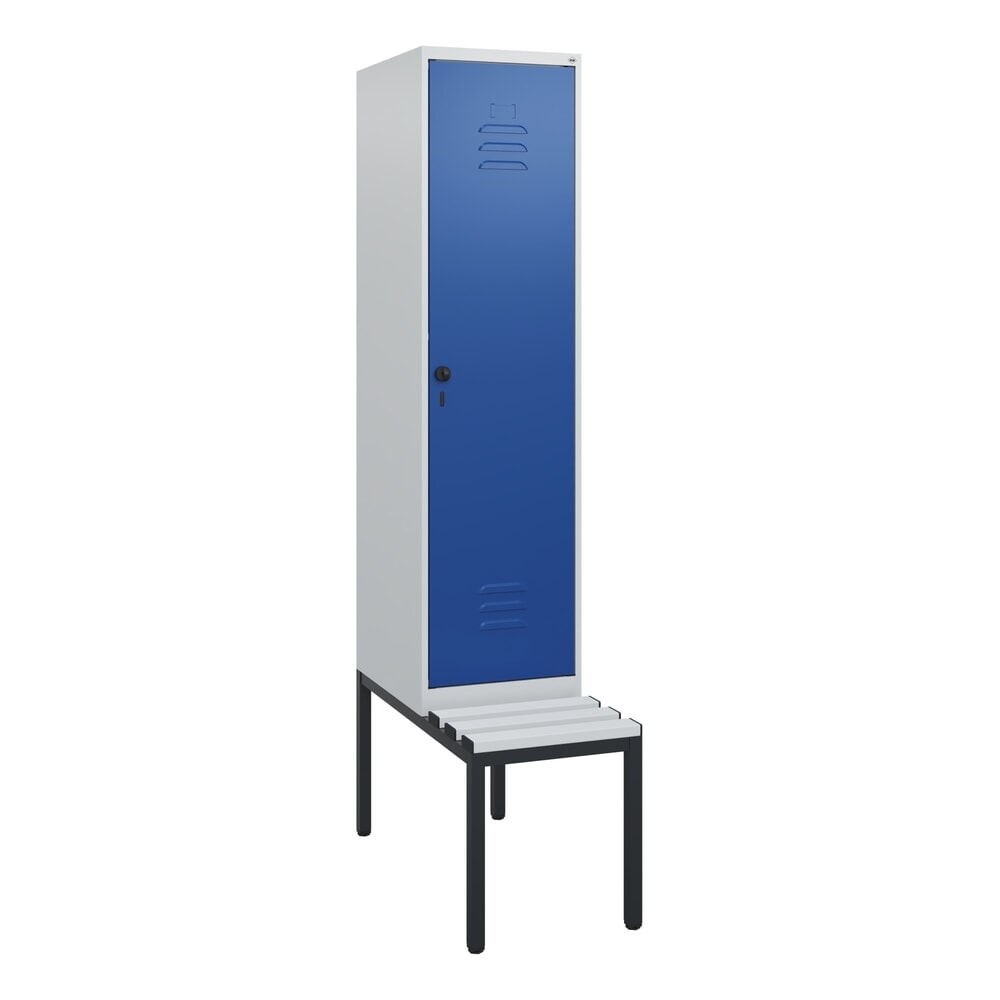 Produktabbildung Nr. 9: C+P Spind Classic PLUS, 1 Abteil, HxBxT 1.950 x 400 x 815 mm, für Vorhängeschloss, untergebaute Bank aus Kunststoff, lichtgrau, enzianblau