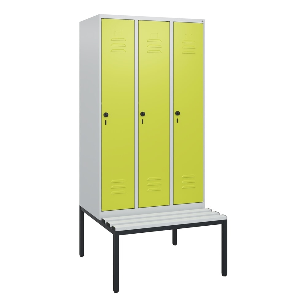 Produktabbildung Nr. 9: C+P Spind Classic PLUS, 3 Abteile, HxBxT 1.950 x 900 x 815 mm, für Vorhängeschloss, untergebaute Bank aus Kunststoff, lichtgrau, clowngrün
