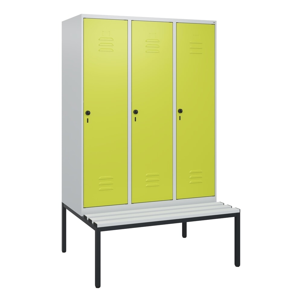 Produktabbildung Nr. 9: C+P Spind Classic PLUS, 3 Abteile, HxBxT 1.950 x 1.200 x 815 mm, für Vorhängeschloss, untergebaute Bank aus Kunststoff, lichtgrau, clowngrün