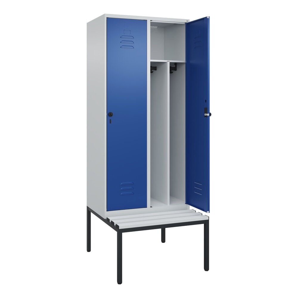 Produktabbildung: C+P Spind Classic PLUS, 2 Abteile, Trennwand, HxBxT 2.120 x 800 x 815 mm, für Vorhängeschloss, Trennwand, untergebaute Bank aus Kunststoff, lichtgrau, enzianblau