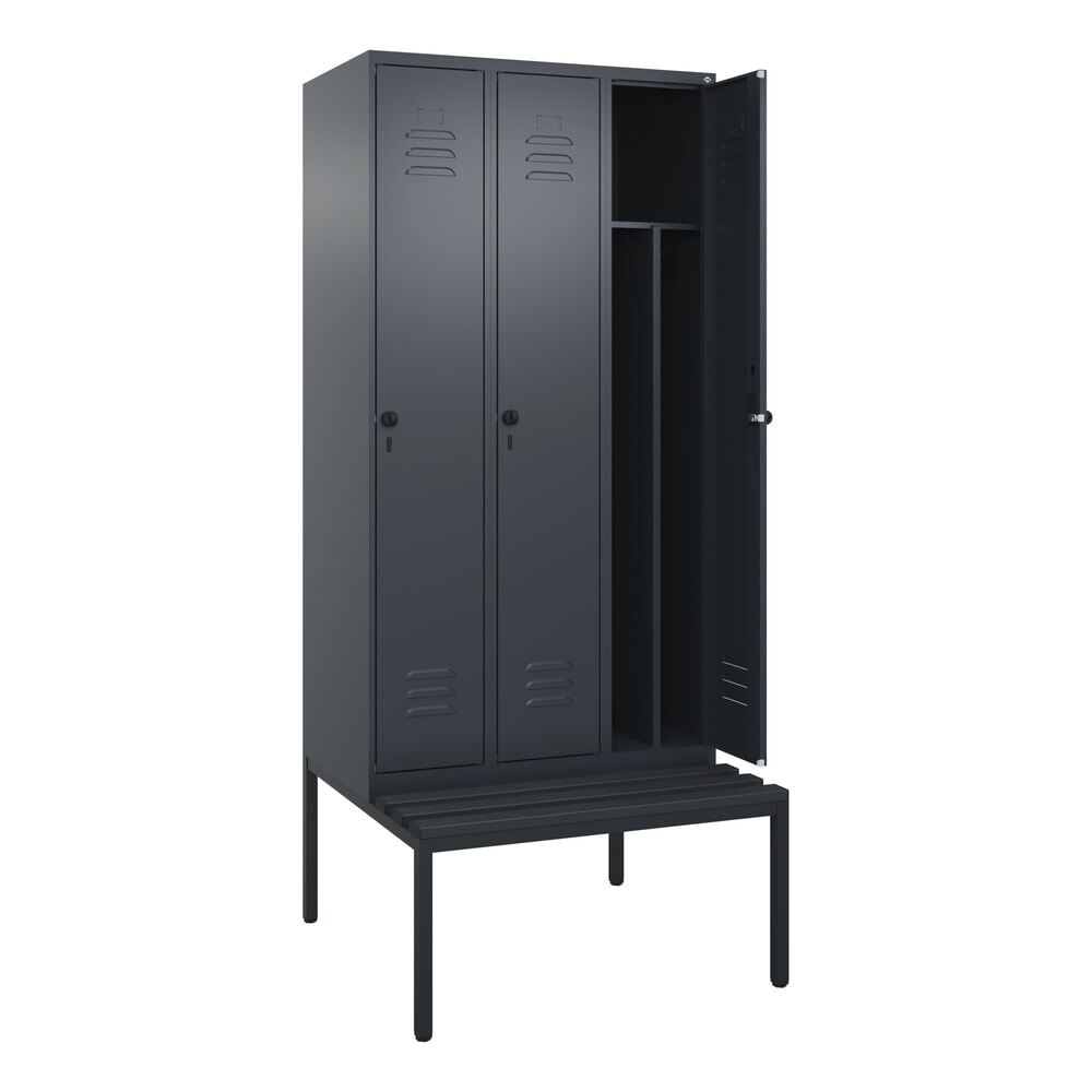 C+P Spind Classic PLUS, 3 Abteile, Trennwand, HxBxT 2.120 x 900 x 815 mm, für Vorhängeschloss, Trennwand, untergebaute Bank aus Kunststoff, anthrazitgrau, anthrazitgrau Produktabbildung: C+P Spind Classic PLUS, 3 Abteile, Trennwand, HxBxT 2.120 x 900 x 815 mm, für Vorhängeschloss, Trennwand, untergebaute Bank aus Kunststoff, anthrazitgrau, anthrazitgrau