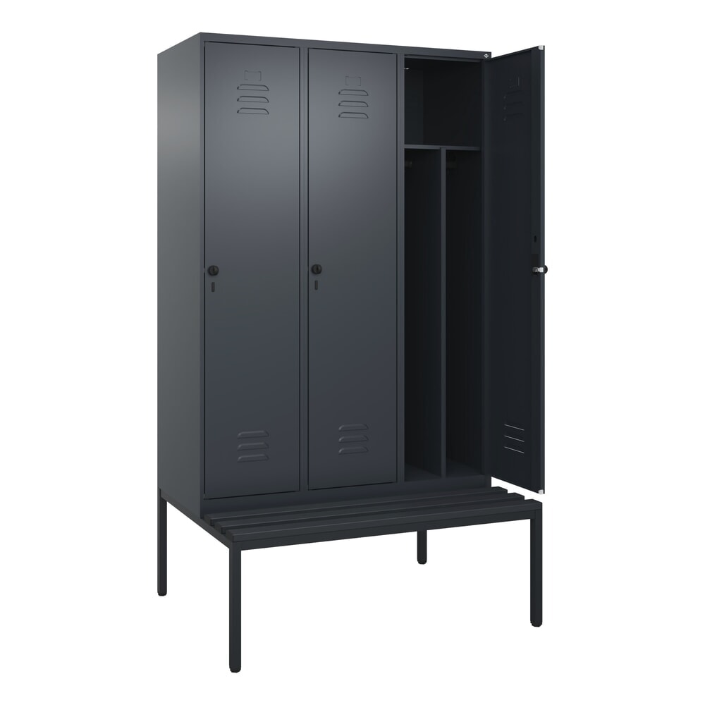 Produktabbildung: C+P Spind Classic PLUS, 3 Abteile, Trennwand, HxBxT 2.120 x 1.200 x 815 mm, für Vorhängeschloss, Trennwand, untergebaute Bank aus Kunststoff, anthrazitgrau, anthrazitgrau