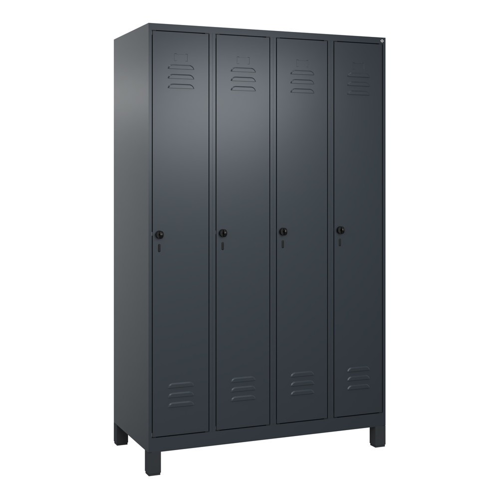 Produktabbildung: C+P Spind Classic PLUS, Füße, 4 Abteile, HxBxT 1.950 x 1.200 x 500 mm, anthrazitgrau, anthrazitgrau, für Vorhängeschloss, mit Mitteltrennwand