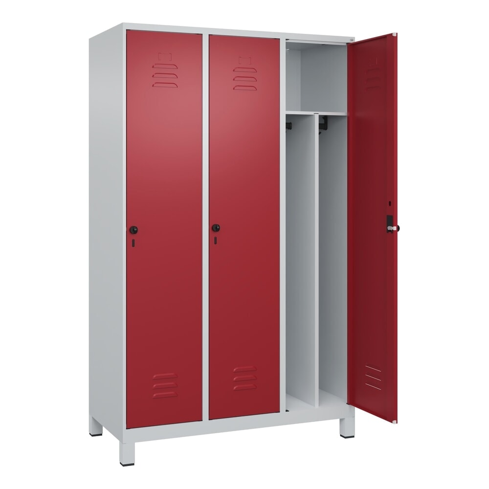 Produktabbildung: C+P Spind Classic PLUS, Füße, 3 Abteile, HxBxT 1.950 x 1.200 x 500 mm, lichtgrau, rubinrot, für Vorhängeschloss, mit Mitteltrennwand