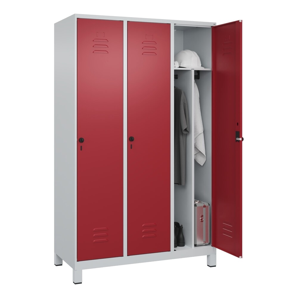 Produktabbildung Nr. 10: C+P Spind Classic PLUS, Füße, 3 Abteile, HxBxT 1.950 x 1.200 x 500 mm, lichtgrau, rubinrot, für Vorhängeschloss, mit Mitteltrennwand
