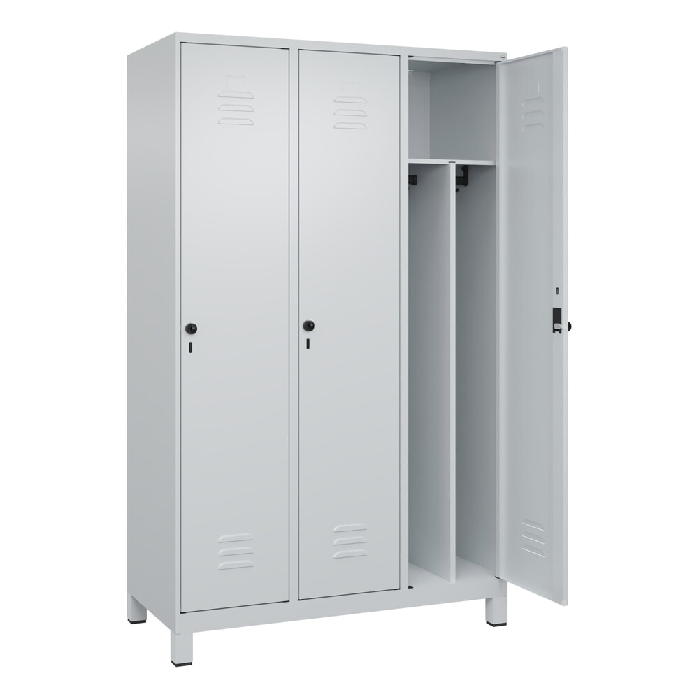 Produktabbildung: C+P Spind Classic PLUS, Füße, 3 Abteile, HxBxT 1.950 x 1.200 x 500 mm, lichtgrau, lichtgrau, für Vorhängeschloss, mit Mitteltrennwand