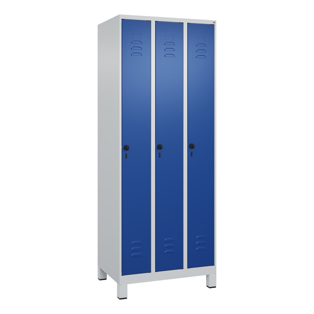Produktabbildung: C+P Spind Classic PLUS, Füße, 3 Abteile, HxBxT 1.950 x 750 x 500 mm, lichtgrau, enzianblau, für Vorhängeschloss, ohne Mitteltrennwand