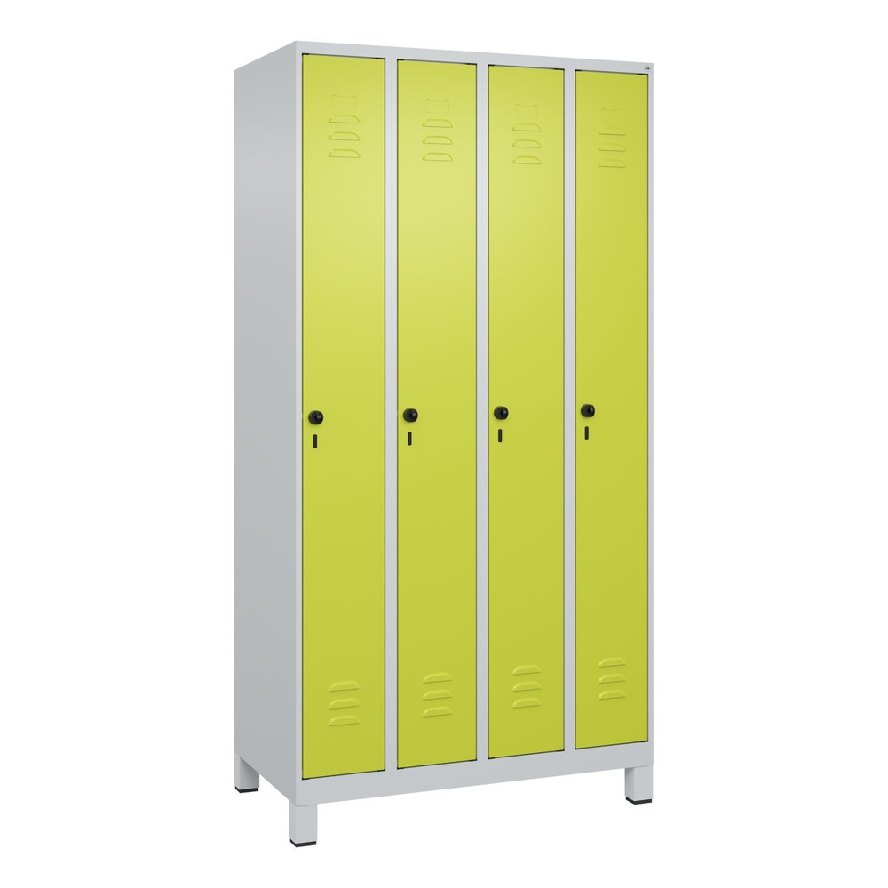 Produktabbildung: C+P Spind Classic PLUS, Füße, 4 Abteile, HxBxT 1.950 x 1.000 x 500 mm, lichtgrau, clowngrün, für Vorhängeschloss, ohne Mitteltrennwand