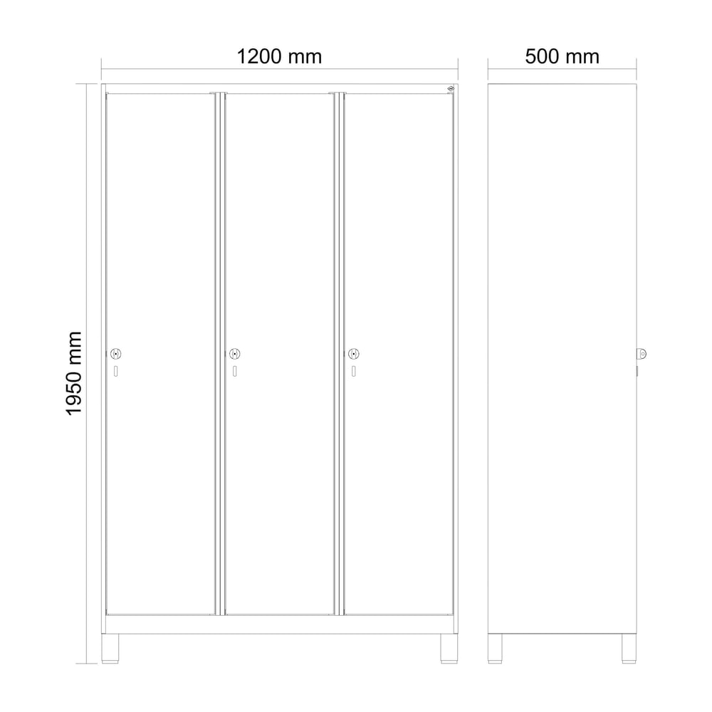 Produktabbildung Nr. 8: C+P Spind Classic PLUS, Füße, 3 Abteile, HxBxT 1.950 x 1.200 x 500 mm, anthrazitgrau, lichtgrau, Zylinderschloss, ohne Mitteltrennwand