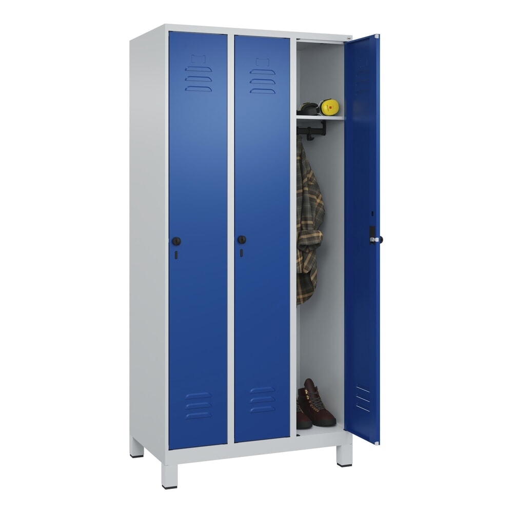 Produktabbildung Nr. 10: C+P Spind Classic PLUS, Füße, 3 Abteile, HxBxT 1.950 x 900 x 500 mm, lichtgrau, enzianblau, für Vorhängeschloss, ohne Mitteltrennwand