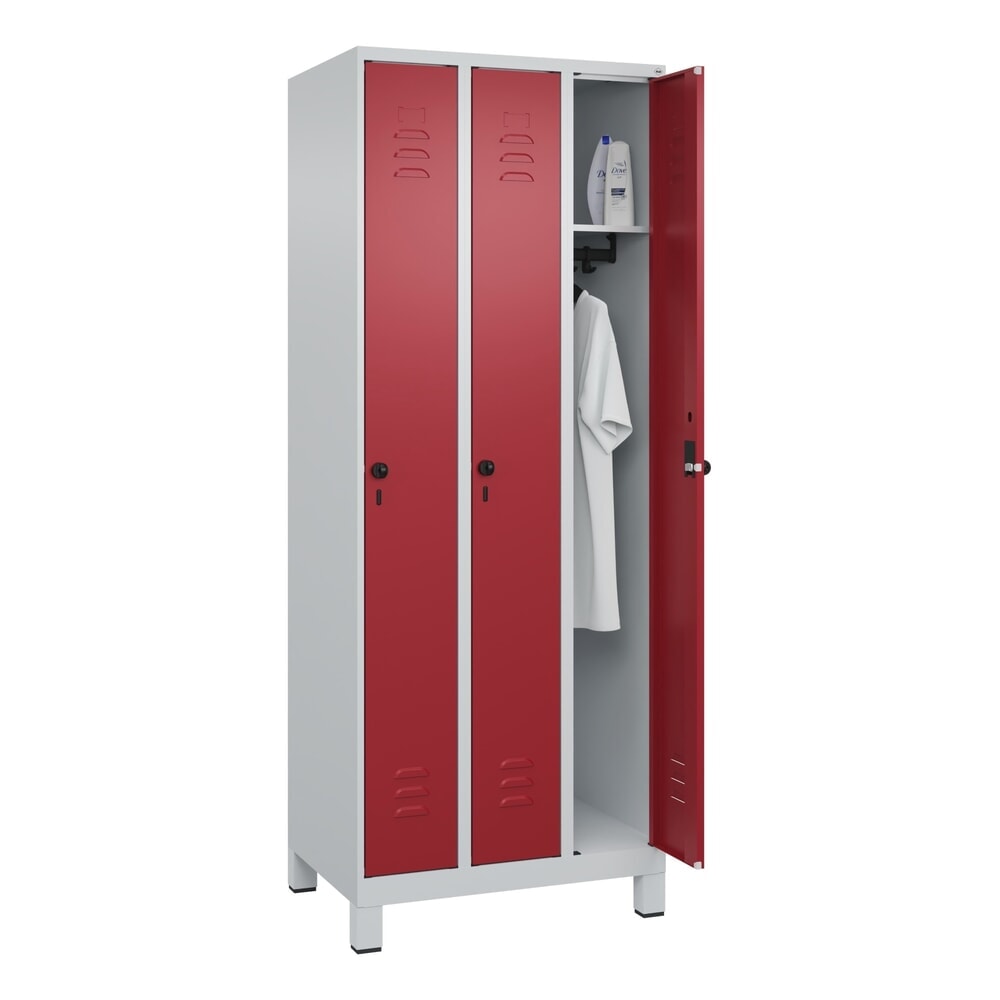 Produktabbildung Nr. 10: C+P Spind Classic PLUS, Füße, 3 Abteile, HxBxT 1.950 x 750 x 500 mm, lichtgrau, rubinrot, für Vorhängeschloss, ohne Mitteltrennwand