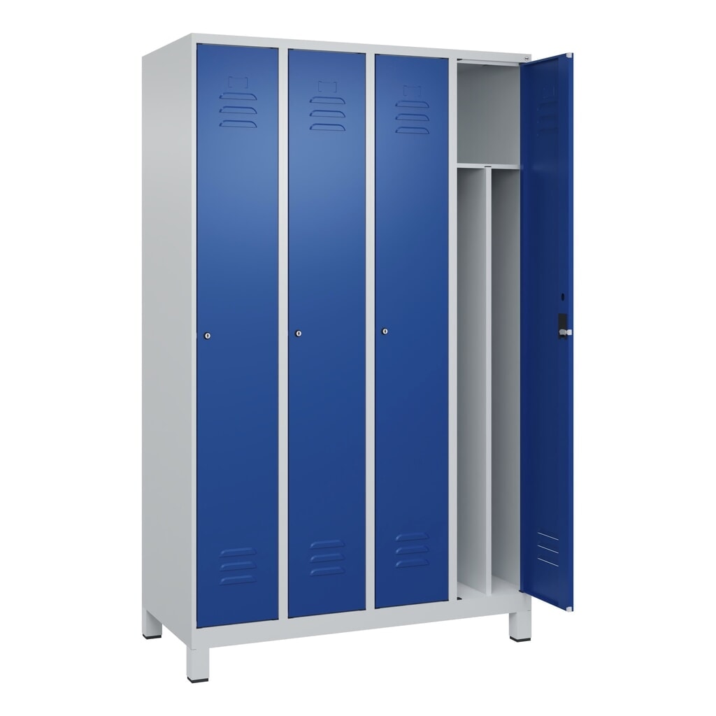 Produktabbildung: C+P Spind Classic PLUS, Füße, 4 Abteile, HxBxT 1.950 x 1.200 x 500 mm, lichtgrau, enzianblau, Zylinderschloss, mit Mitteltrennwand
