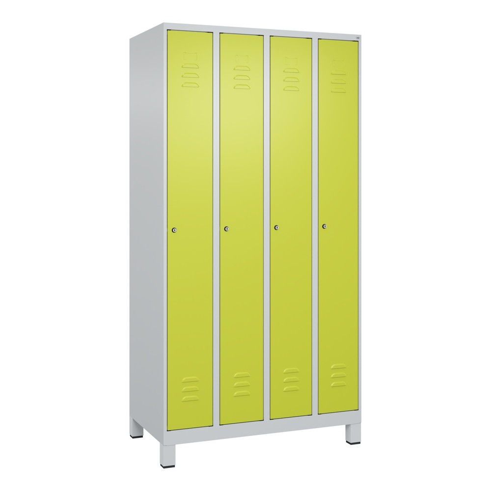Produktabbildung: C+P Spind Classic PLUS, Füße, 4 Abteile, HxBxT 1.950 x 1.000 x 500 mm, lichtgrau, clowngrün, Zylinderschloss, ohne Mitteltrennwand