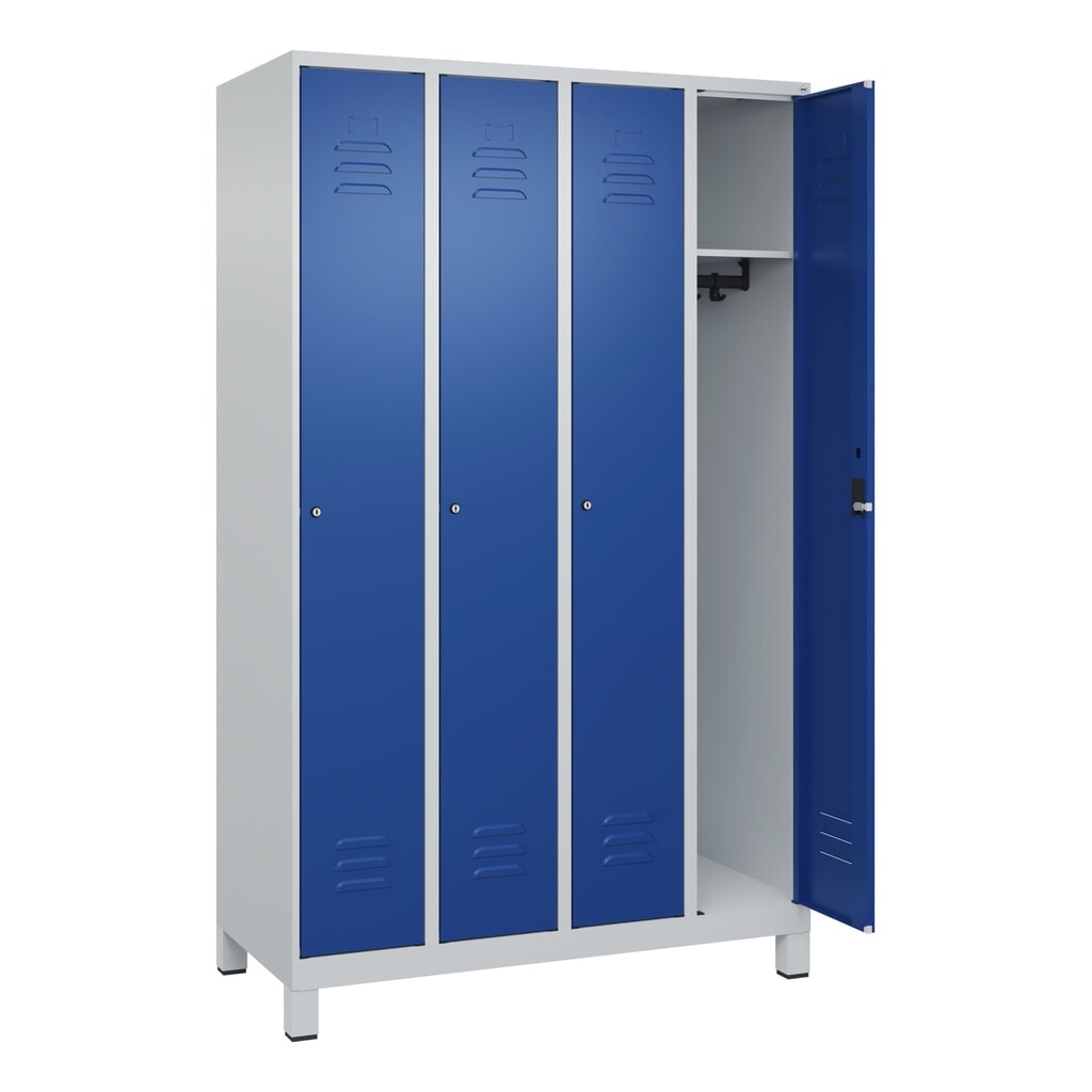 Produktabbildung: C+P Spind Classic PLUS, Füße, 4 Abteile, HxBxT 1.950 x 1.200 x 500 mm, lichtgrau, enzianblau, Zylinderschloss, ohne Mitteltrennwand