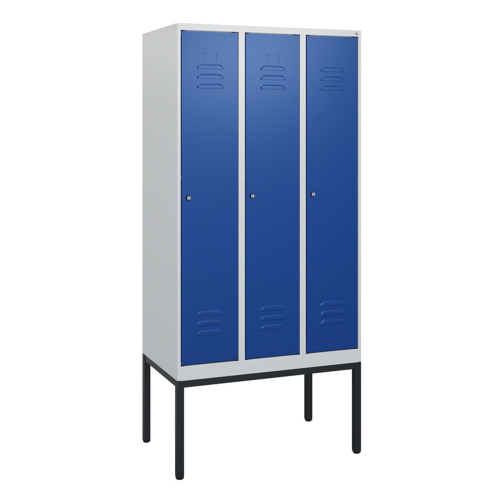 Produktabbildung: C+P Spind Classic PLUS, Gestell, 3 Abteile, HxBxT 1.950 x 900 x 500 mm, lichtgrau, enzianblau, Zylinderschloss, ohne Mitteltrennwand