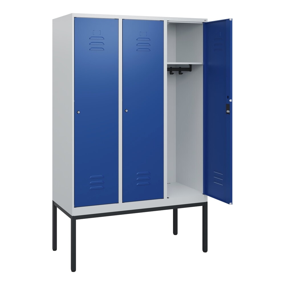 Produktabbildung: C+P Spind Classic PLUS, Gestell, 3 Abteile, HxBxT 1.950 x 1.200 x 500 mm, lichtgrau, enzianblau, Zylinderschloss, ohne Mitteltrennwand