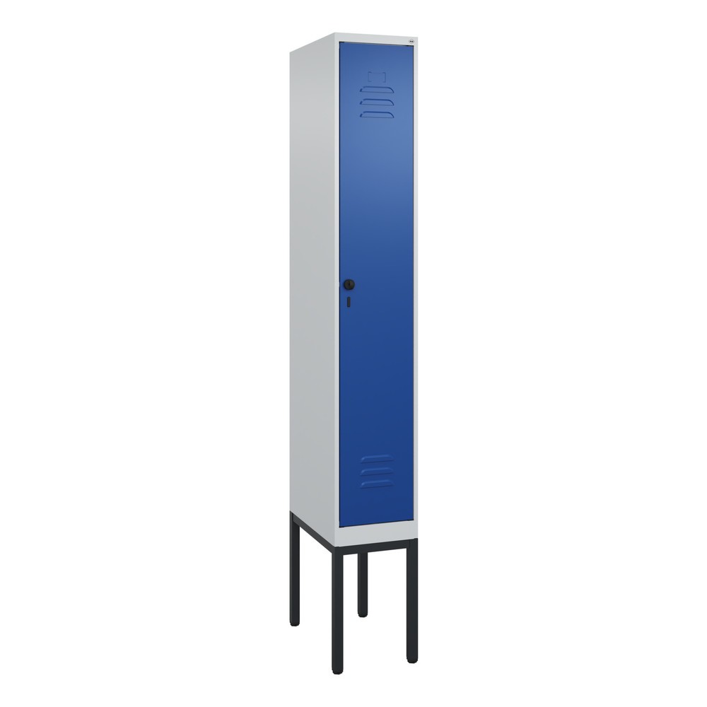 Produktabbildung: C+P Spind Classic PLUS, Gestell, 1 Abteil, HxBxT 2.120 x 300 x 500 mm, lichtgrau, enzianblau, für Vorhängeschloss, mit Mitteltrennwand