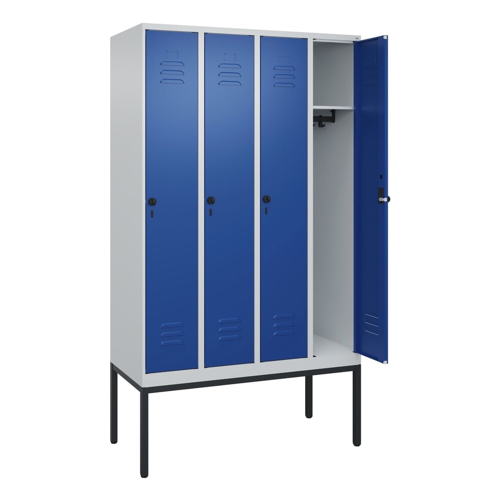 Produktabbildung: C+P Spind Classic PLUS, Gestell, 4 Abteile, HxBxT 2.120 x 1.200 x 500 mm, lichtgrau, enzianblau, für Vorhängeschloss, ohne Mitteltrennwand