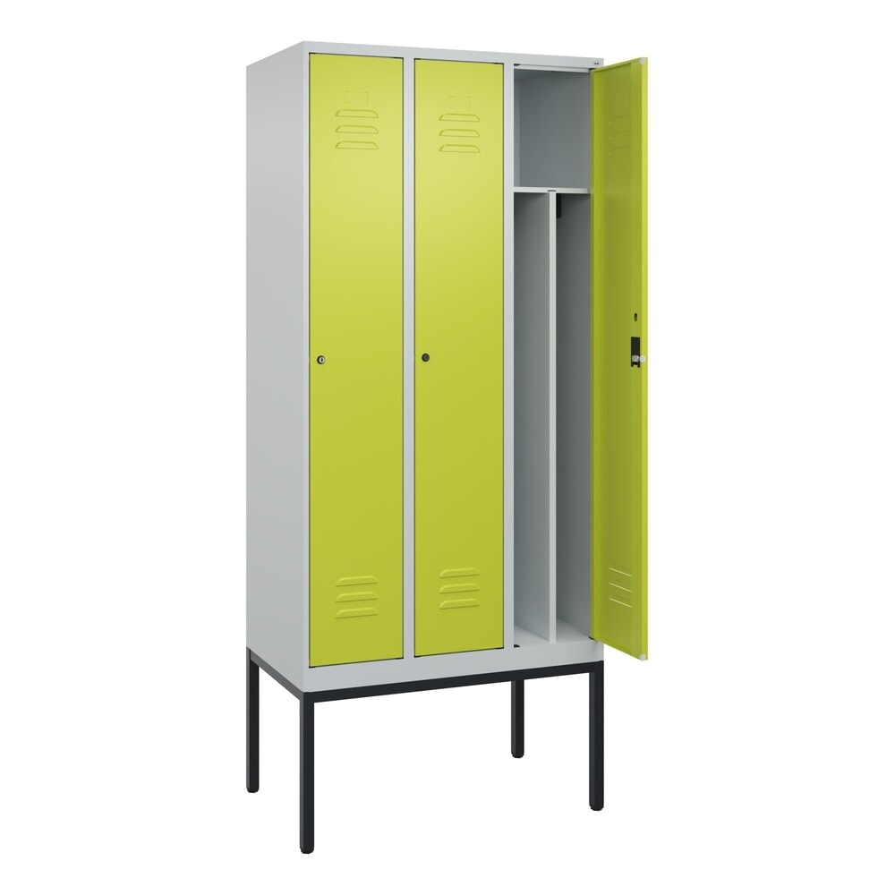 Produktabbildung: C+P Spind Classic PLUS, Gestell, 3 Abteile, HxBxT 2.120 x 900 x 500 mm, lichtgrau, clowngrün, Zylinderschloss, mit Mitteltrennwand