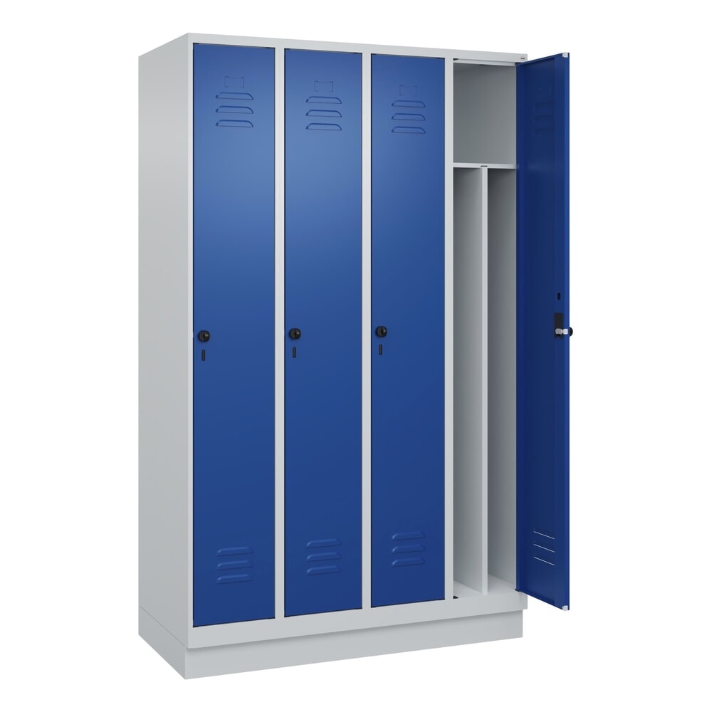 Produktabbildung: C+P Spind Classic PLUS, Sockel, 4 Abteile, HxBxT 1.950 x 1.200 x 500 mm, lichtgrau, enzianblau, für Vorhängeschloss, mit Mitteltrennwand