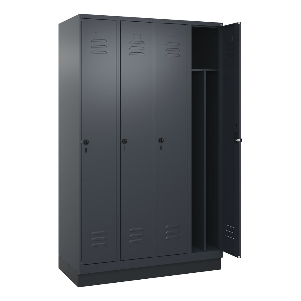 Produktabbildung: C+P Spind Classic PLUS, Sockel, 4 Abteile, HxBxT 1.950 x 1.200 x 500 mm, anthrazitgrau, anthrazitgrau, für Vorhängeschloss, mit Mitteltrennwand