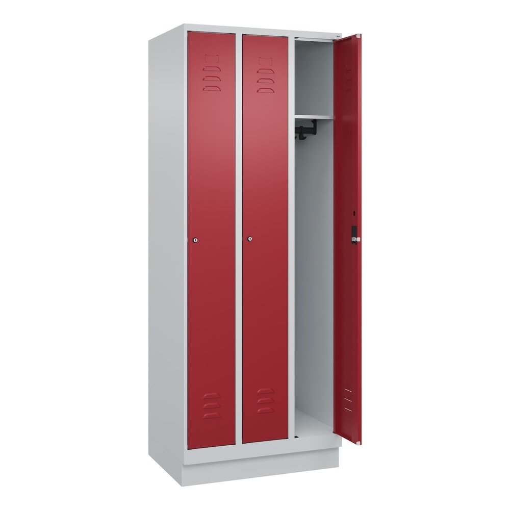 Produktabbildung Nr. 1: C+P Spind Classic PLUS, Sockel, 3 Abteile, HxBxT 1.950 x 750 x 500 mm, lichtgrau, rubinrot, Zylinderschloss, ohne Mitteltrennwand