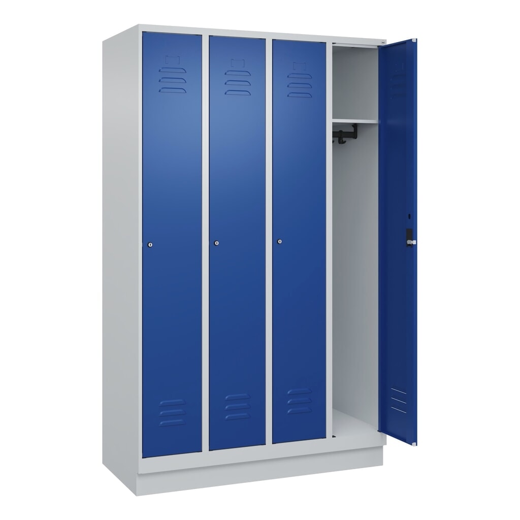 Produktabbildung: C+P Spind Classic PLUS, Sockel, 4 Abteile, HxBxT 1.950 x 1.200 x 500 mm, lichtgrau, enzianblau, Zylinderschloss, ohne Mitteltrennwand