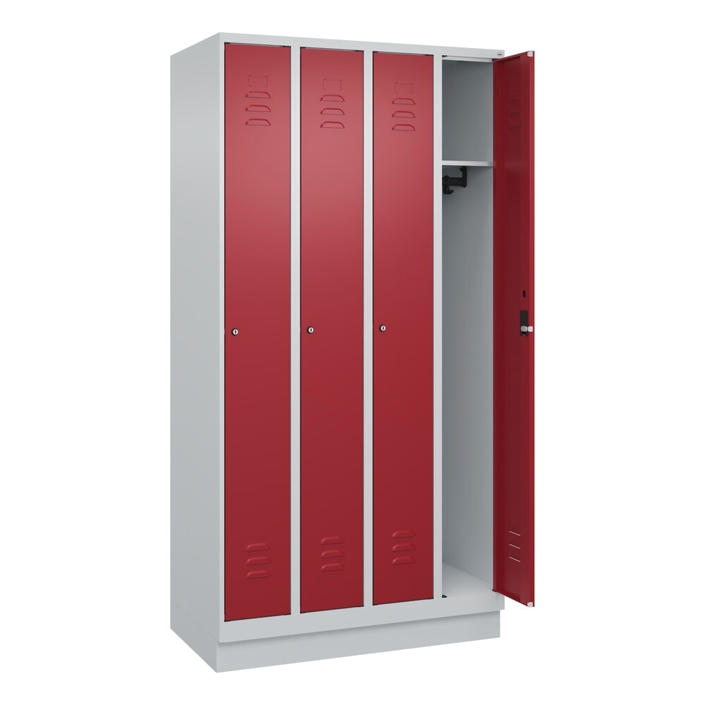 C+P Spind Classic PLUS, Sockel, 4 Abteile, HxBxT 1.950 x 1.000 x 500 mm, lichtgrau, rubinrot, Zylinderschloss, ohne Mitteltrennwand Produktabbildung: C+P Spind Classic PLUS, Sockel, 4 Abteile, HxBxT 1.950 x 1.000 x 500 mm, lichtgrau, rubinrot, Zylinderschloss, ohne Mitteltrennwand