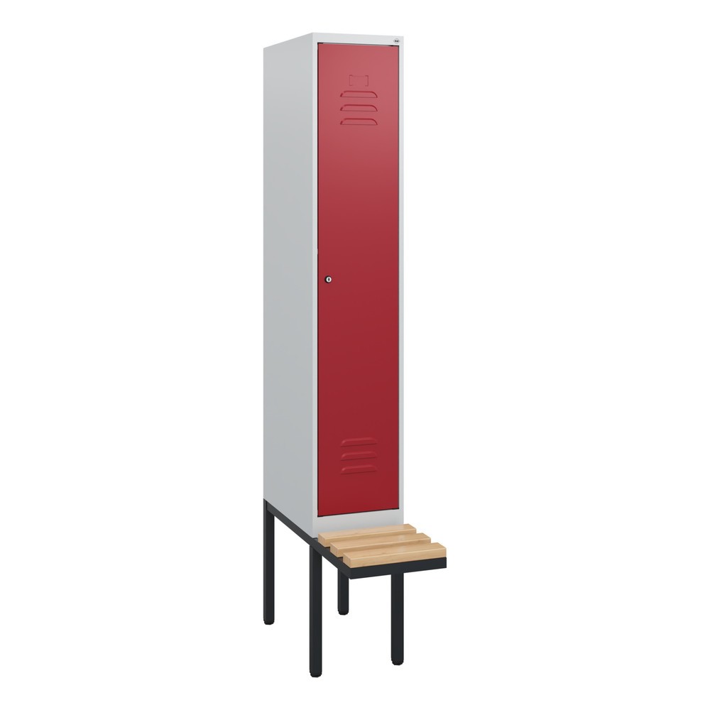 Produktabbildung: C+P Spind Classic PLUS, 1 Abteil, HxBxT 1.950 x 300 x 815 mm, Zylinderschloss, auskragende Bank aus Buche, lichtgrau, rubinrot