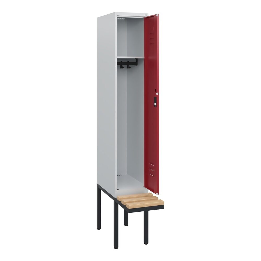 C+P Spind Classic PLUS, 1 Abteil, HxBxT 1.950 x 300 x 815 mm, Zylinderschloss, auskragende Bank aus Buche, lichtgrau, rubinrot Produktabbildung: C+P Spind Classic PLUS, 1 Abteil, HxBxT 1.950 x 300 x 815 mm, Zylinderschloss, auskragende Bank aus Buche, lichtgrau, rubinrot