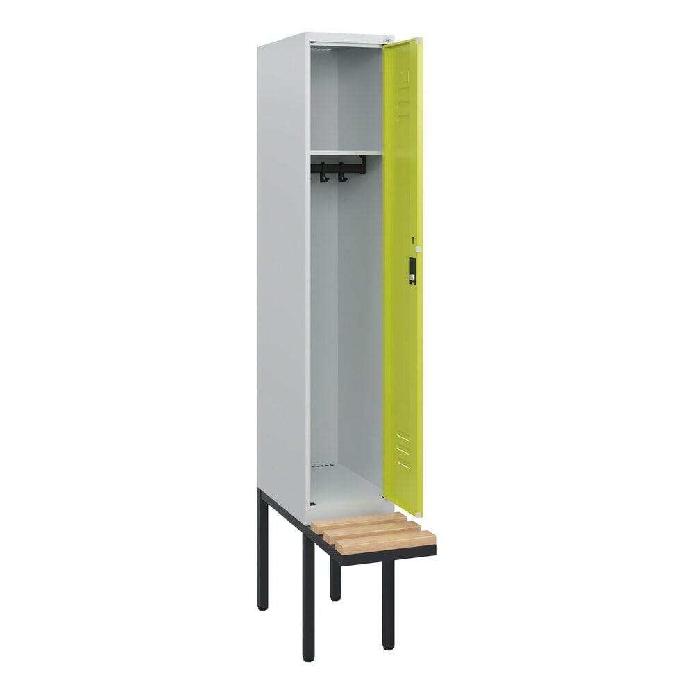 C+P Spind Classic PLUS, 1 Abteil, HxBxT 1.950 x 300 x 815 mm, Zylinderschloss, auskragende Bank aus Buche, lichtgrau, clowngrün Produktabbildung: C+P Spind Classic PLUS, 1 Abteil, HxBxT 1.950 x 300 x 815 mm, Zylinderschloss, auskragende Bank aus Buche, lichtgrau, clowngrün