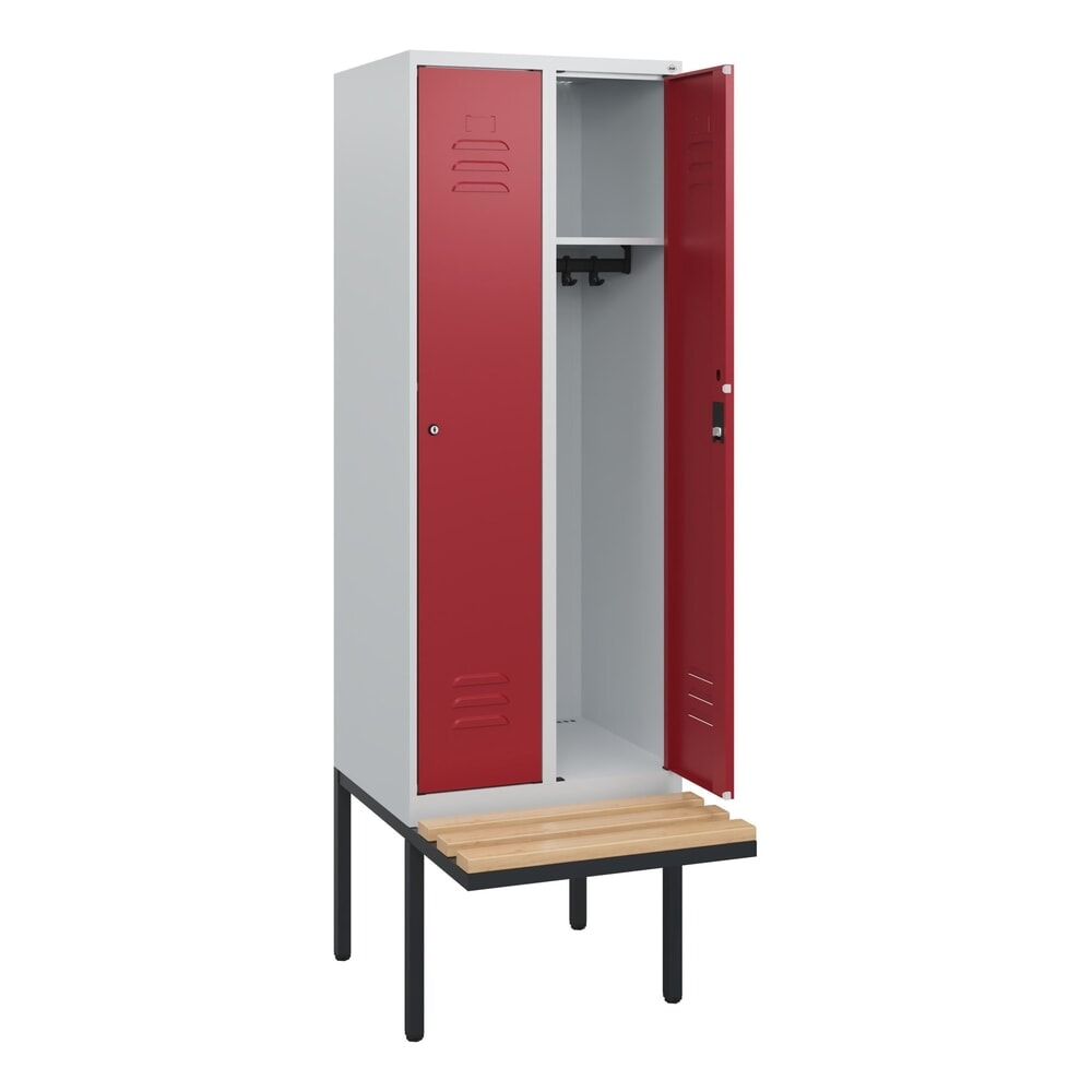 C+P Spind Classic PLUS, 2 Abteile, HxBxT 1.950 x 600 x 815 mm, Zylinderschloss, auskragende Bank aus Buche, lichtgrau, rubinrot Produktabbildung Nr. 1: C+P Spind Classic PLUS, 2 Abteile, HxBxT 1.950 x 600 x 815 mm, Zylinderschloss, auskragende Bank aus Buche, lichtgrau, rubinrot
