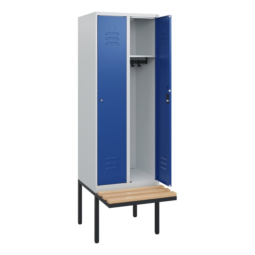C+P Spind Classic PLUS, 2 Abteile, HxBxT 1.950 x 600 x 815 mm, Zylinderschloss, auskragende Bank aus Buche, lichtgrau, enzianblau Produktabbildung Nr. 1: C+P Spind Classic PLUS, 2 Abteile, HxBxT 1.950 x 600 x 815 mm, Zylinderschloss, auskragende Bank aus Buche, lichtgrau, enzianblau