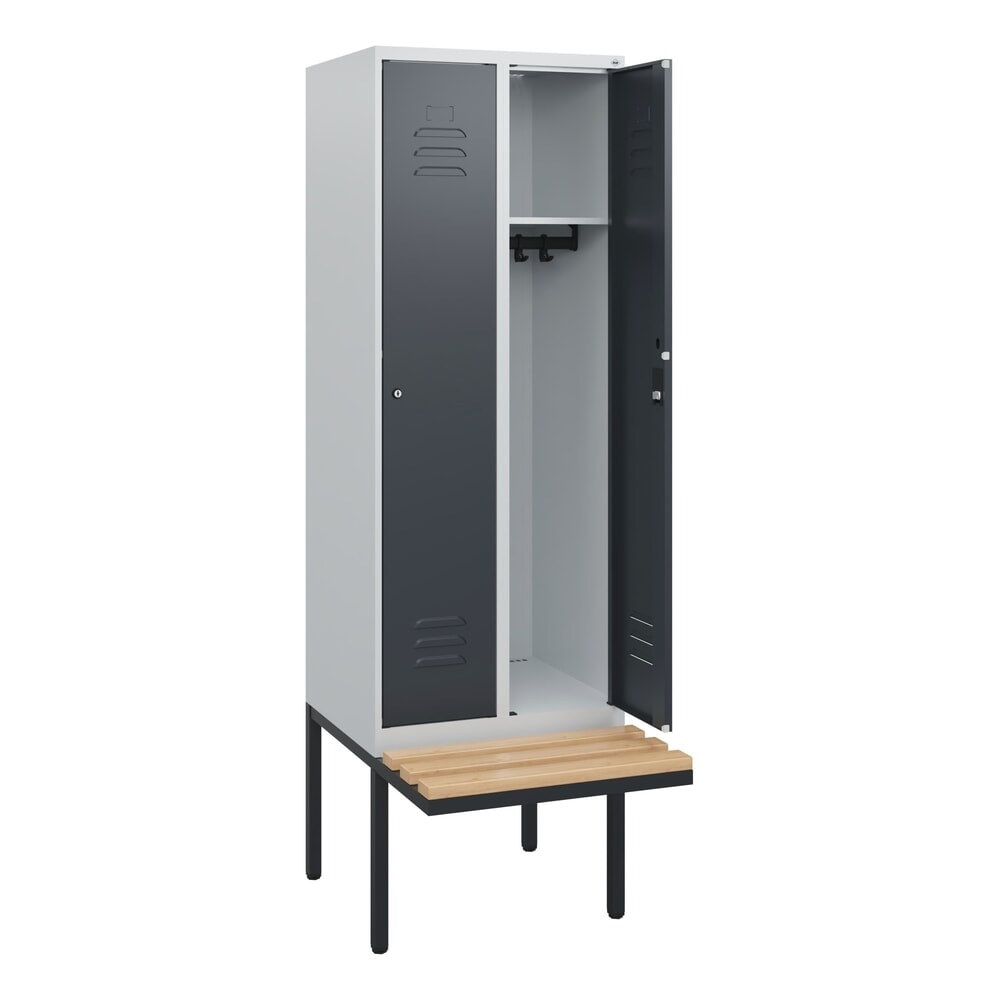 C+P Spind Classic PLUS, 2 Abteile, HxBxT 1.950 x 600 x 815 mm, Zylinderschloss, auskragende Bank aus Buche, lichtgrau, anthrazitgrau Produktabbildung Nr. 1: C+P Spind Classic PLUS, 2 Abteile, HxBxT 1.950 x 600 x 815 mm, Zylinderschloss, auskragende Bank aus Buche, lichtgrau, anthrazitgrau