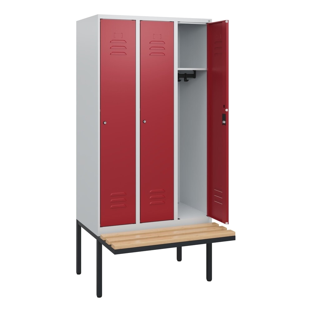 Produktabbildung: C+P Spind Classic PLUS, 3 Abteile, HxBxT 1.950 x 900 x 815 mm, Zylinderschloss, auskragende Bank aus Buche, lichtgrau, rubinrot
