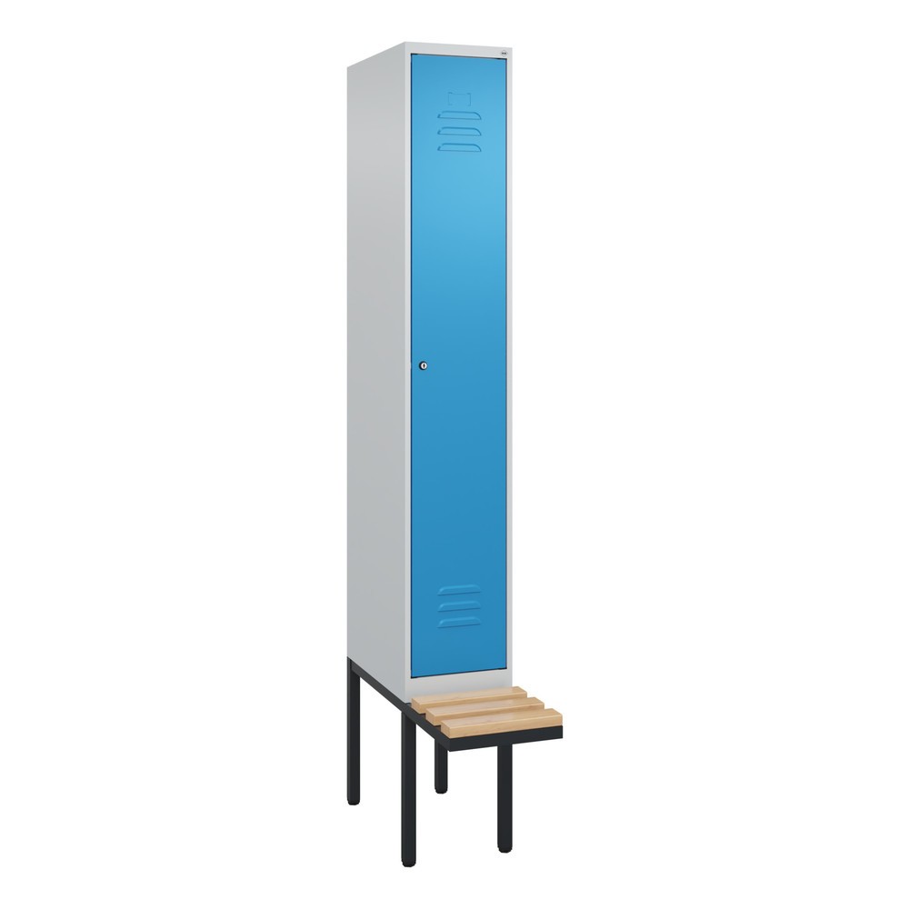 Produktabbildung: C+P Spind Classic PLUS, 1 Abteil, HxBxT 2.120 x 300 x 815 mm, Zylinderschloss, auskragende Bank aus Buche, lichtgrau, lichtblau