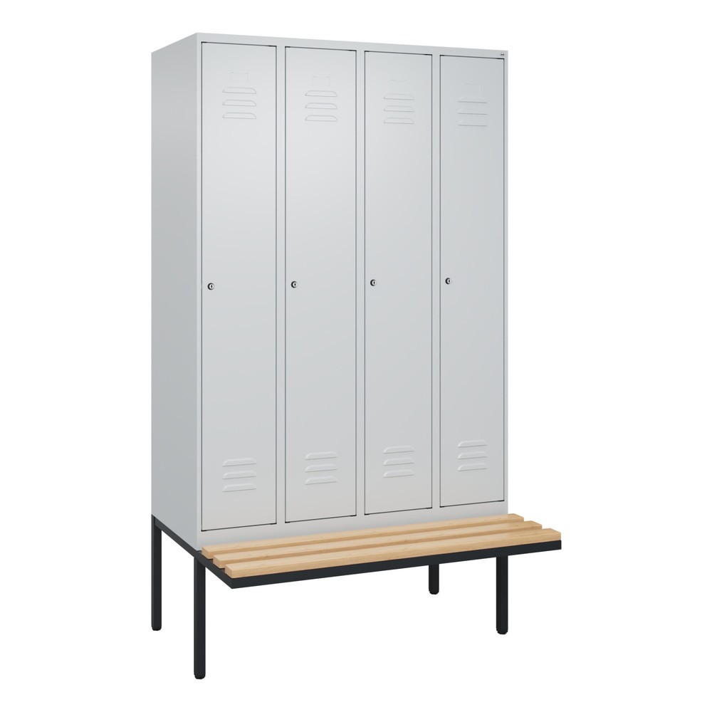 Produktabbildung: C+P Spind Classic PLUS, 4 Abteile, HxBxT 2.120 x 1.200 x 815 mm, Zylinderschloss, auskragende Bank aus Buche, lichtgrau, lichtgrau
