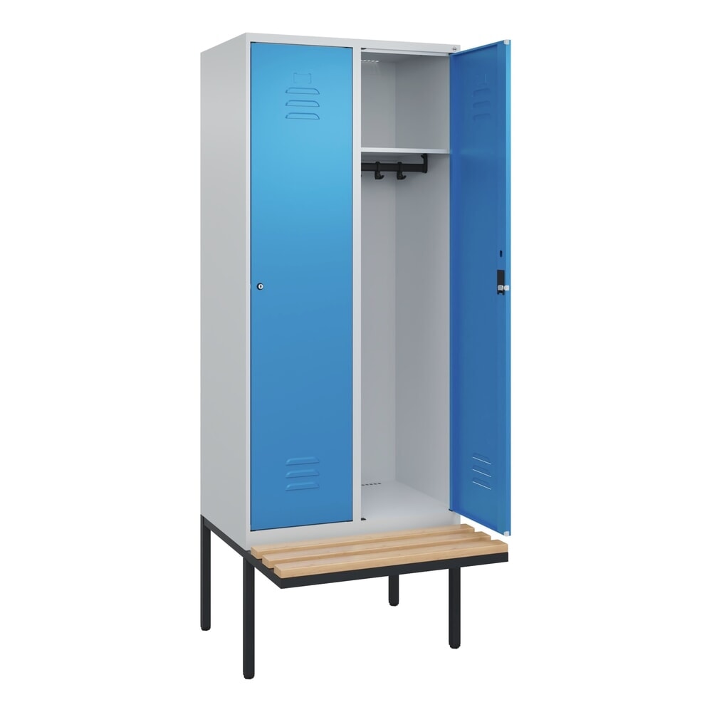 Produktabbildung: C+P Spind Classic PLUS, 2 Abteile, HxBxT 2.120 x 800 x 815 mm, Zylinderschloss, auskragende Bank aus Buche, lichtgrau, lichtblau