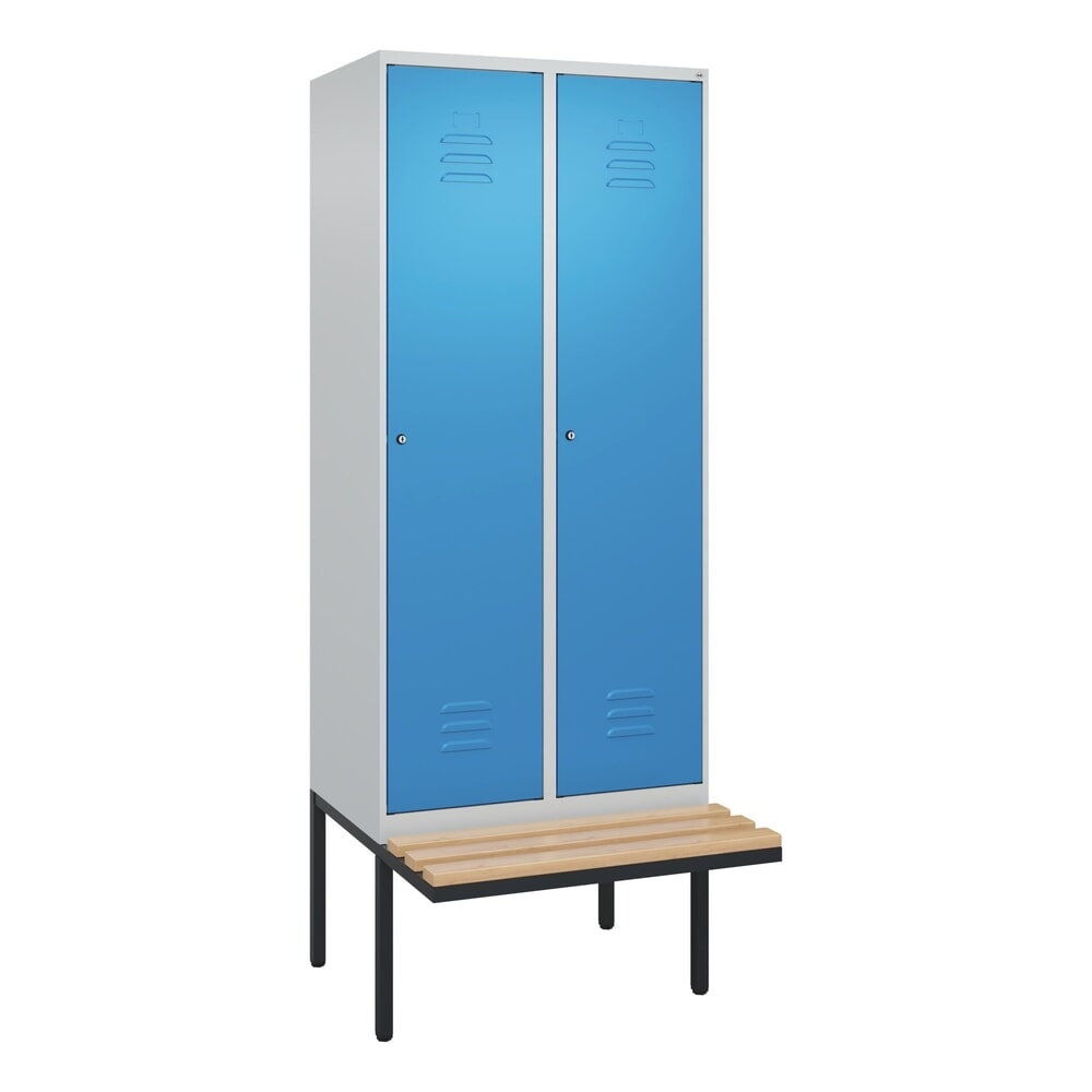 Produktabbildung Nr. 9: C+P Spind Classic PLUS, 2 Abteile, HxBxT 2.120 x 800 x 815 mm, Zylinderschloss, auskragende Bank aus Buche, lichtgrau, lichtblau