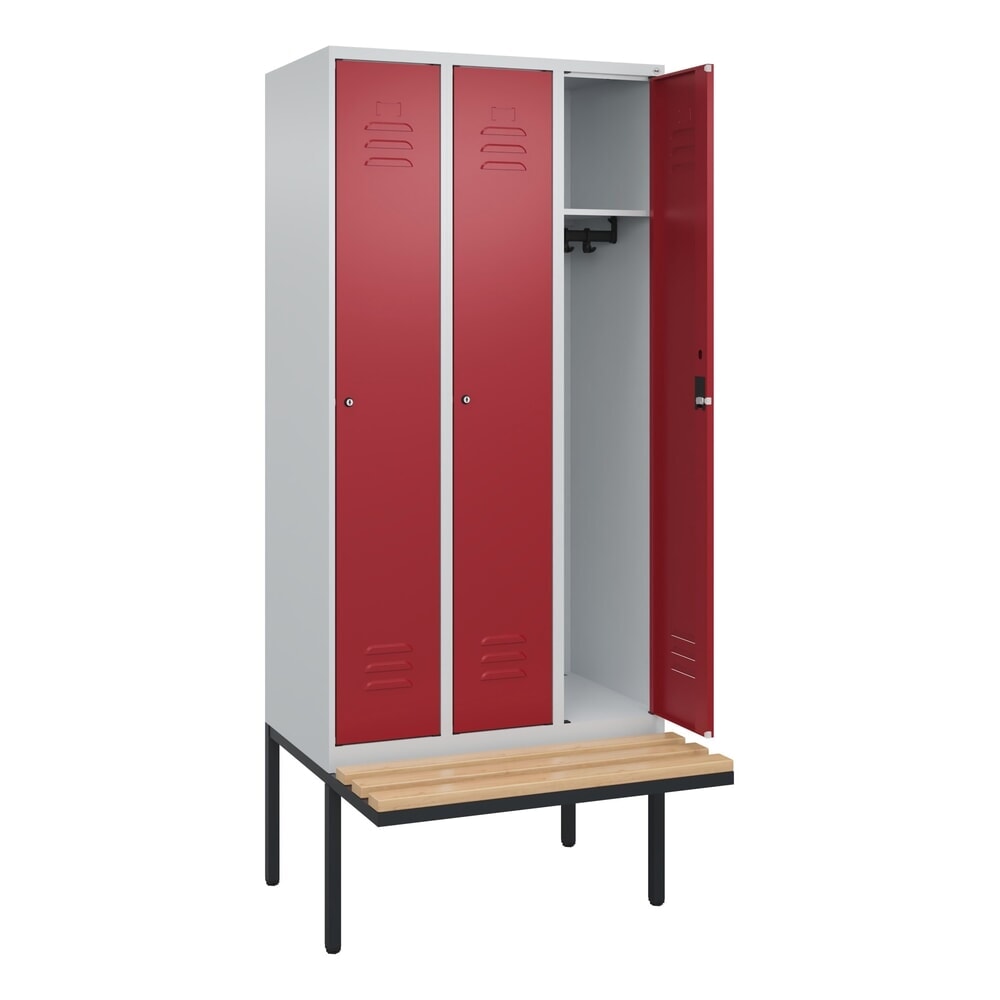 C+P Spind Classic PLUS, 3 Abteile, HxBxT 2.120 x 900 x 815 mm, Zylinderschloss, auskragende Bank aus Buche, lichtgrau, rubinrot Produktabbildung: C+P Spind Classic PLUS, 3 Abteile, HxBxT 2.120 x 900 x 815 mm, Zylinderschloss, auskragende Bank aus Buche, lichtgrau, rubinrot