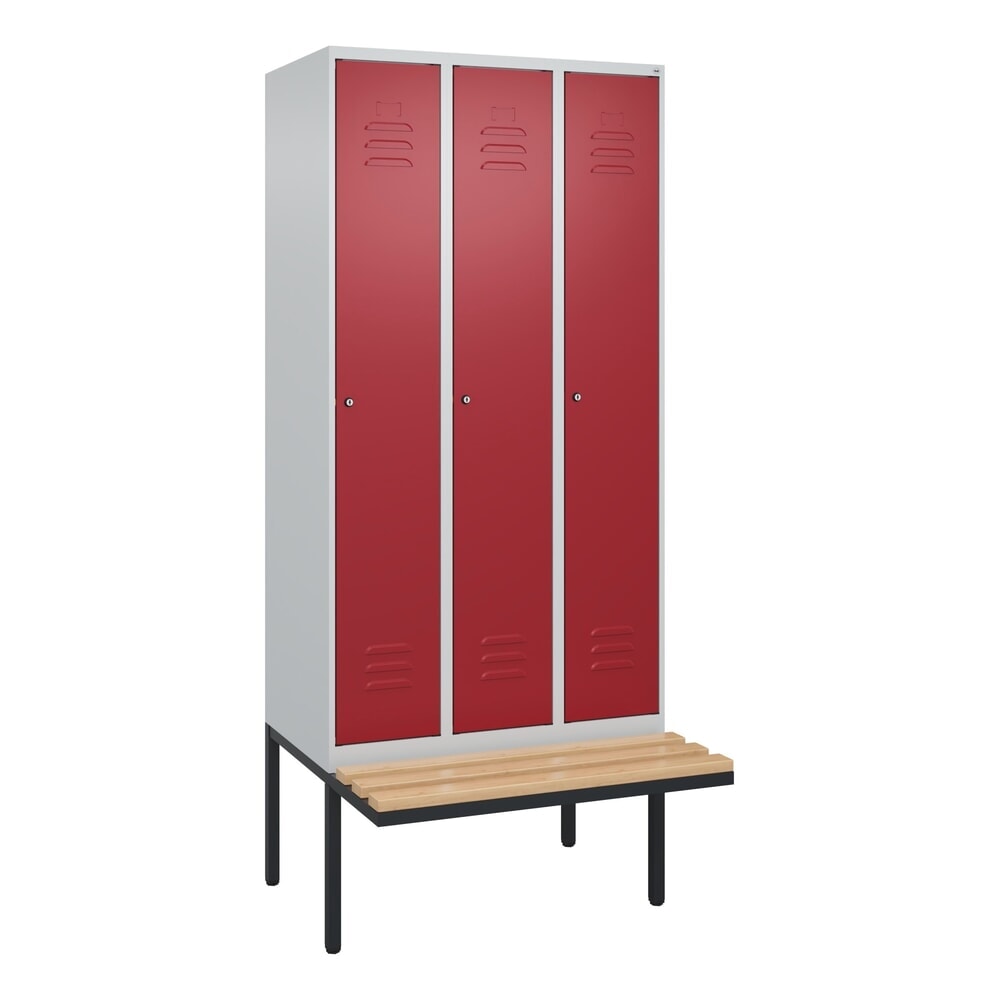 C+P Spind Classic PLUS, 3 Abteile, HxBxT 2.120 x 900 x 815 mm, Zylinderschloss, auskragende Bank aus Buche, lichtgrau, rubinrot Produktabbildung Nr. 9: C+P Spind Classic PLUS, 3 Abteile, HxBxT 2.120 x 900 x 815 mm, Zylinderschloss, auskragende Bank aus Buche, lichtgrau, rubinrot