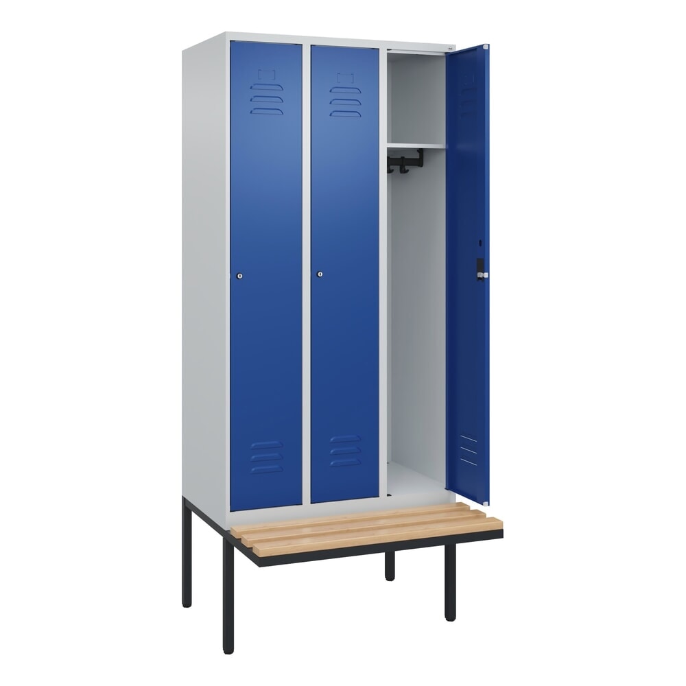 Produktabbildung: C+P Spind Classic PLUS, 3 Abteile, HxBxT 2.120 x 900 x 815 mm, Zylinderschloss, auskragende Bank aus Buche, lichtgrau, enzianblau
