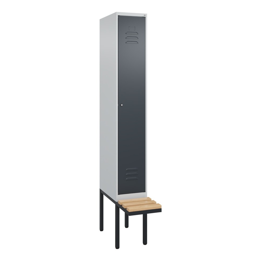 Produktabbildung: C+P Spind Classic PLUS, 1 Abteil, Trennwand, HxBxT 2.120 x 300 x 815 mm, Zylinderschloss, auskragende Bank aus Buche, lichtgrau, anthrazitgrau